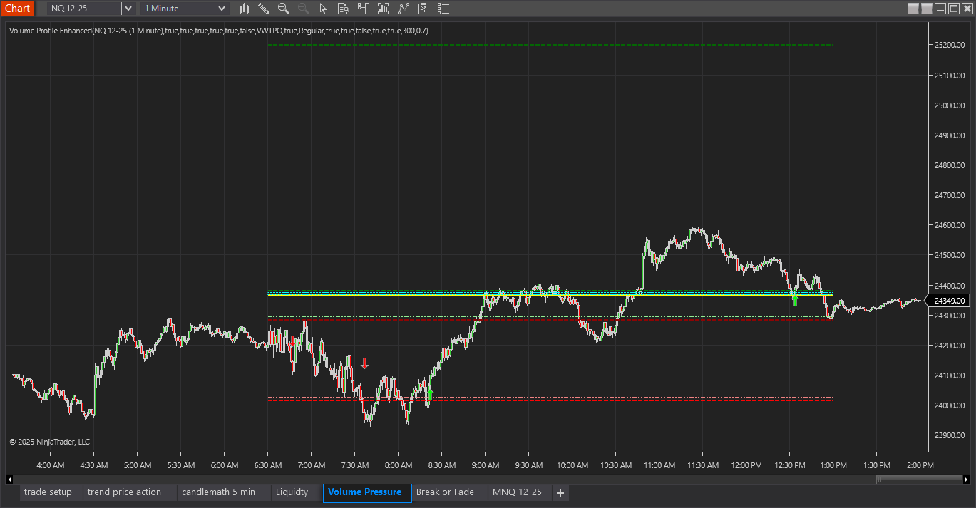 Volume Profile indicator on NinjaTrader showing POC and value area levels